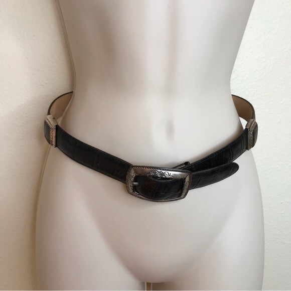 Vintage Brighton Two Tone Black Brown Leather Croc Embossed Belt Women Small - Picture 2 of 12